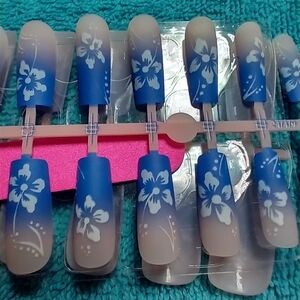 Press on nails flower floral blue white nude set